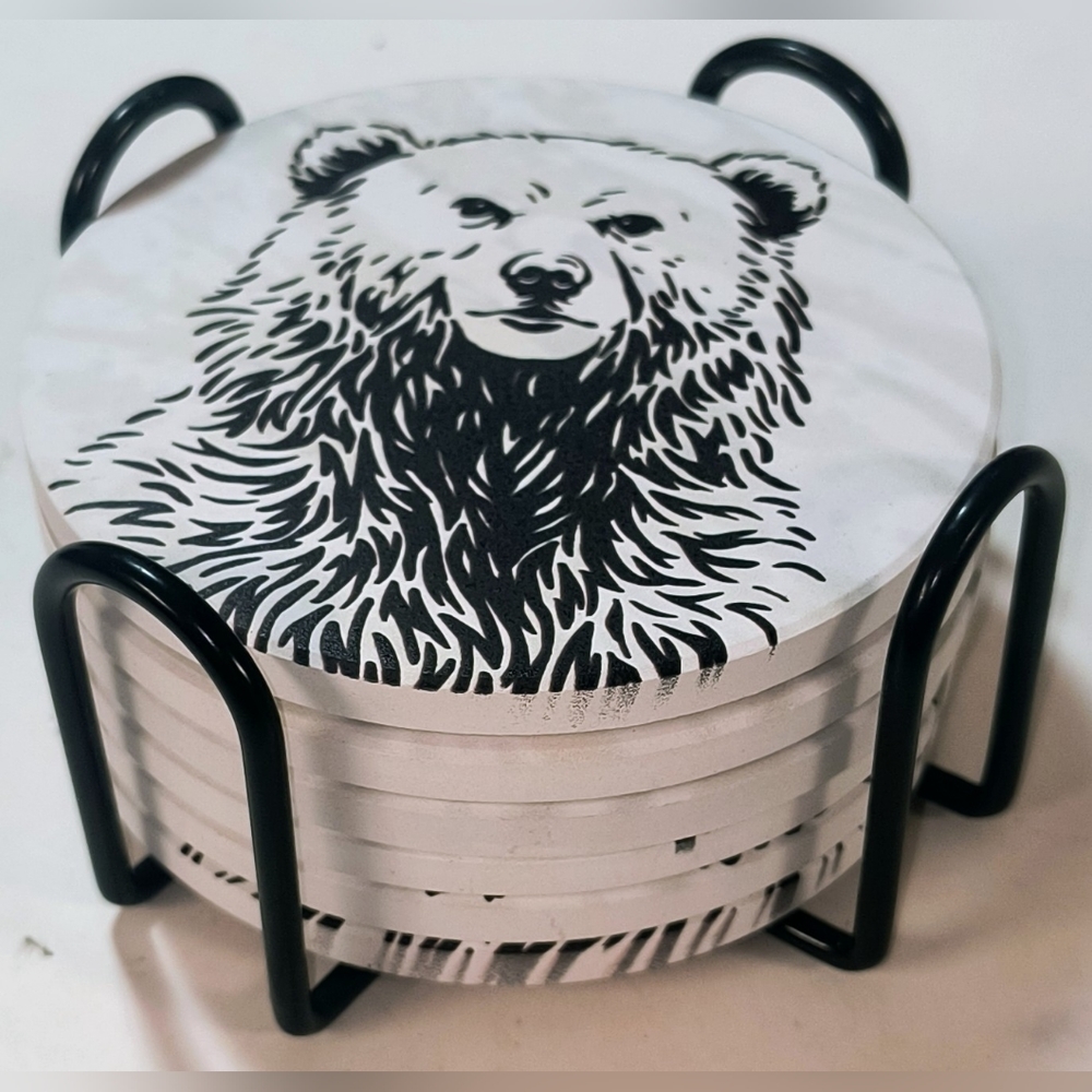 North Oak Brand Ceramic Cork Bottom Wild Animal Coasters With Holder Boxed Set